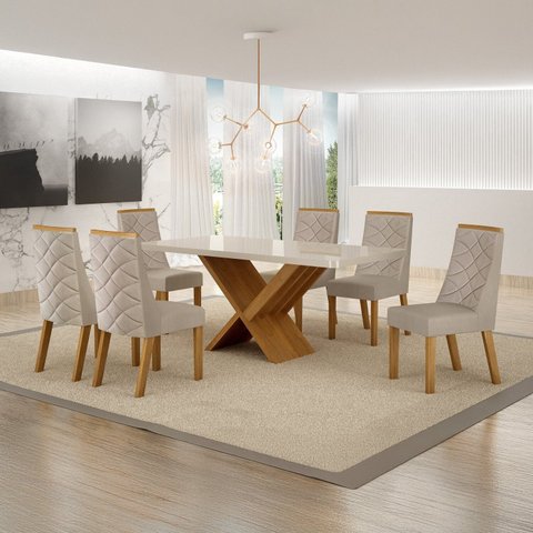 Conjunto Sala de Jantar Mesa 180cm Tampo de 4,0cm com 6 Cadeiras Aurora Bege/Cinamomo/Off White