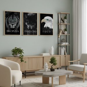 Kit 3 Quadros Disciplina Execução Foco Motivação Moldura:castanho