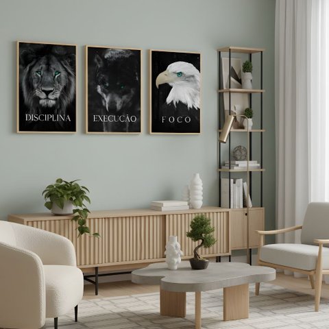 Kit 3 Quadros Disciplina Execução Foco Motivação Moldura:castanho