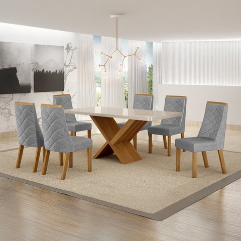 Conjunto Sala de Jantar Mesa 180cm Tampo de 4,0cm com 6 Cadeiras Aurora Cinza/Cinamomo/Off White/Linho Prata