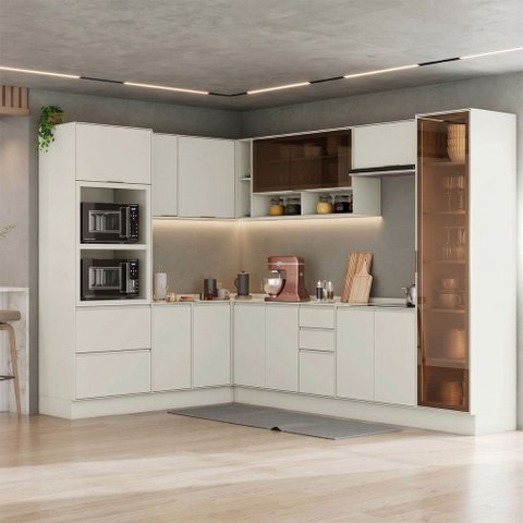 Cozinha Completa Fineze 13 Portas 4 Gavetas com Vidro 100% MDF Areia Hp - Henn