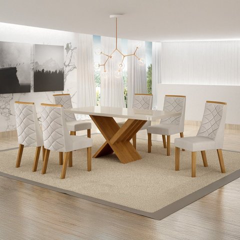 Conjunto Sala de Jantar Mesa 180cm Tampo de 4,0cm com 6 Cadeiras Aurora Bege/Cinamomo/Off White/Veludo Palha