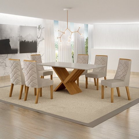 Conjunto Sala de Jantar Mesa 180cm Tampo de 2,5cm com 6 Cadeiras Aurora Bege/Cinamomo/Off White