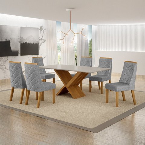 Conjunto Sala de Jantar Mesa 180cm Tampo de 2,5cm com 6 Cadeiras Aurora Cinza/Cinamomo/Off White/Linho Prata