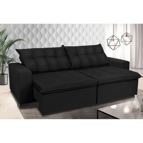 Sofá Retrátil e Reclinavel Oklahoma 2,22 Mts com Molas e Pillow no Assento Tecido Suede Preto