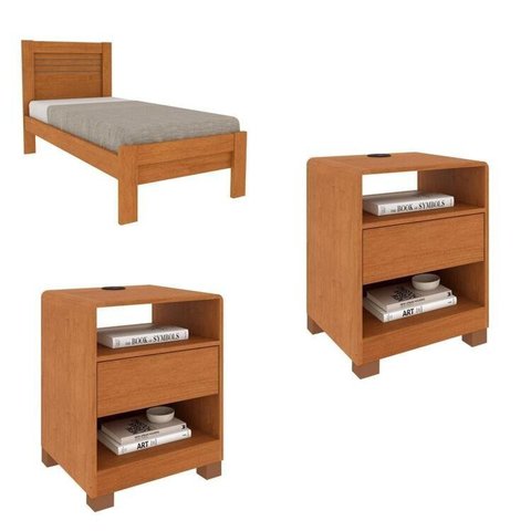 Conjunto Cama Solteiro Safira e 2 Mesas de Cabeceira Luna com USB Espresso Moveis Marrom/Cinamomo