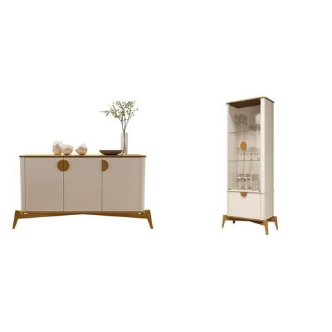 Conj Cristaleira e Buffet Buriti com Os Cantos Curvos, Puxador e Pés em Madeira Maciça