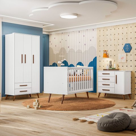 Quarto de Bebê Completo Qencanto Retrô Qmovi Branco Acetinado com Colchão Gazin