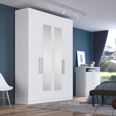 Guarda-Roupa Solteiro 4 Portas 2 Gavetas Paris com Espelho Branco/Ártico