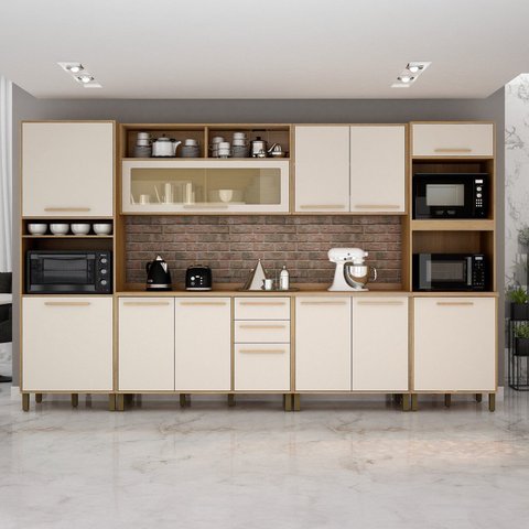 Cozinha Completa Modulada 6 Peças 12 Portas 2 Gavetas Salvador Bege/Cinamomo/Off White