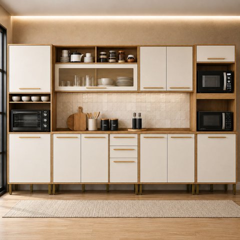 Cozinha Completa Modulada 6 Peças 12 Portas 2 Gavetas Salvador Bege/Cinamomo/Off White