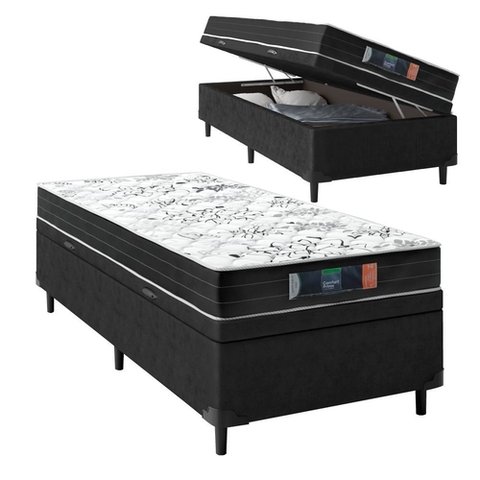 Cama Box Baú Solteiro Sintético Preto com Colchão de Espuma Semi Ortopédica Extra Firme Resistente P