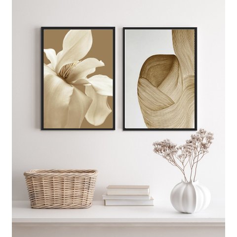 Kit 2 Quadros Elegantes para Sala Quarto Bege e Marrom 24x18cm - com Vidro:madeira Preta