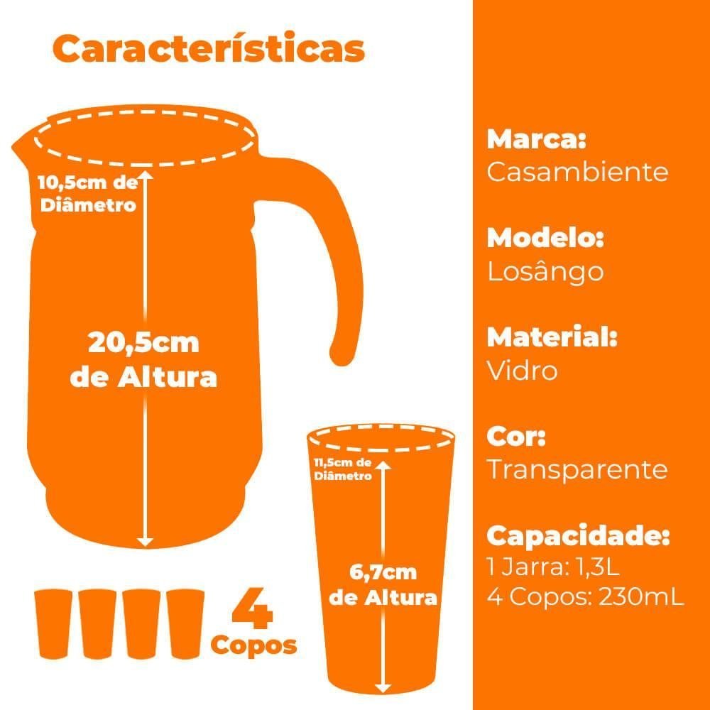Kit de Copos e Jarra Transparente 5 peças - Casambiente Losangos - 12