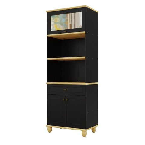 Torre Quente Retrô 3 Portas 1 Gaveta MDF e Madeira Maciça 80cm Preto Marfim