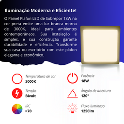 Painel Plafon Quadrado Sobrepor 18w Preto Luz Quente 3000k - 2