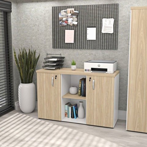 Armário Baixo Credenza com Chave 120x42cm Escritório Bege/Carvalho/Branco