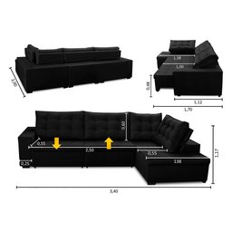 Sofá de Canto Retrátil e Reclinável com Molas 3,40x2,00 Ld Jacke Suede Preto Madelina Decor - 2