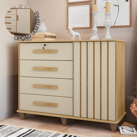 Cômoda Grécia com 1 Porta com Detalhe Ripado e 4 Gavetas 1 Tranca com Chave Marrom/Cinamomo/Off White