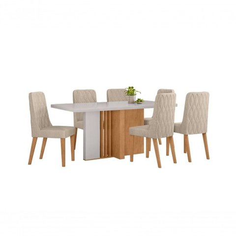 Conjunto Sala de Jantar Mesa Astrid 160 6 Lugares Tampo Vidro Maxi Off com Cadeiras Luar Amendoa