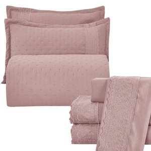 Kit Cobre Leito Casal Padrão + Jogo de Lençol Micropercal 300 Fios com Bordado Inglês Santorini 7