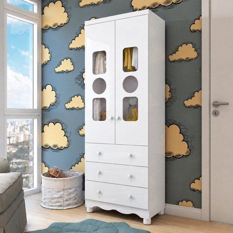 Guarda-Roupa Bebê 2 Portas com Janela 3 Gavetas 100% MDF Ezra Espresso Móveis Branco