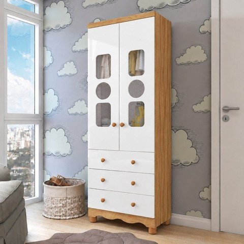 Guarda-Roupa Bebê 2 Portas com Janela 3 Gavetas 100% MDF Ezra Espresso Móveis Amêndoa Branco
