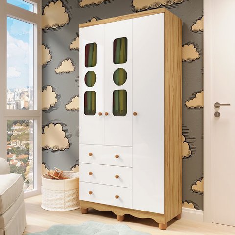 Guarda-Roupa Infantil 91,9cm 3 Portas 3 Gavetas com Janelas e Pés Ezra 100% MDF Espresso Móveis Branco/Amêndoa