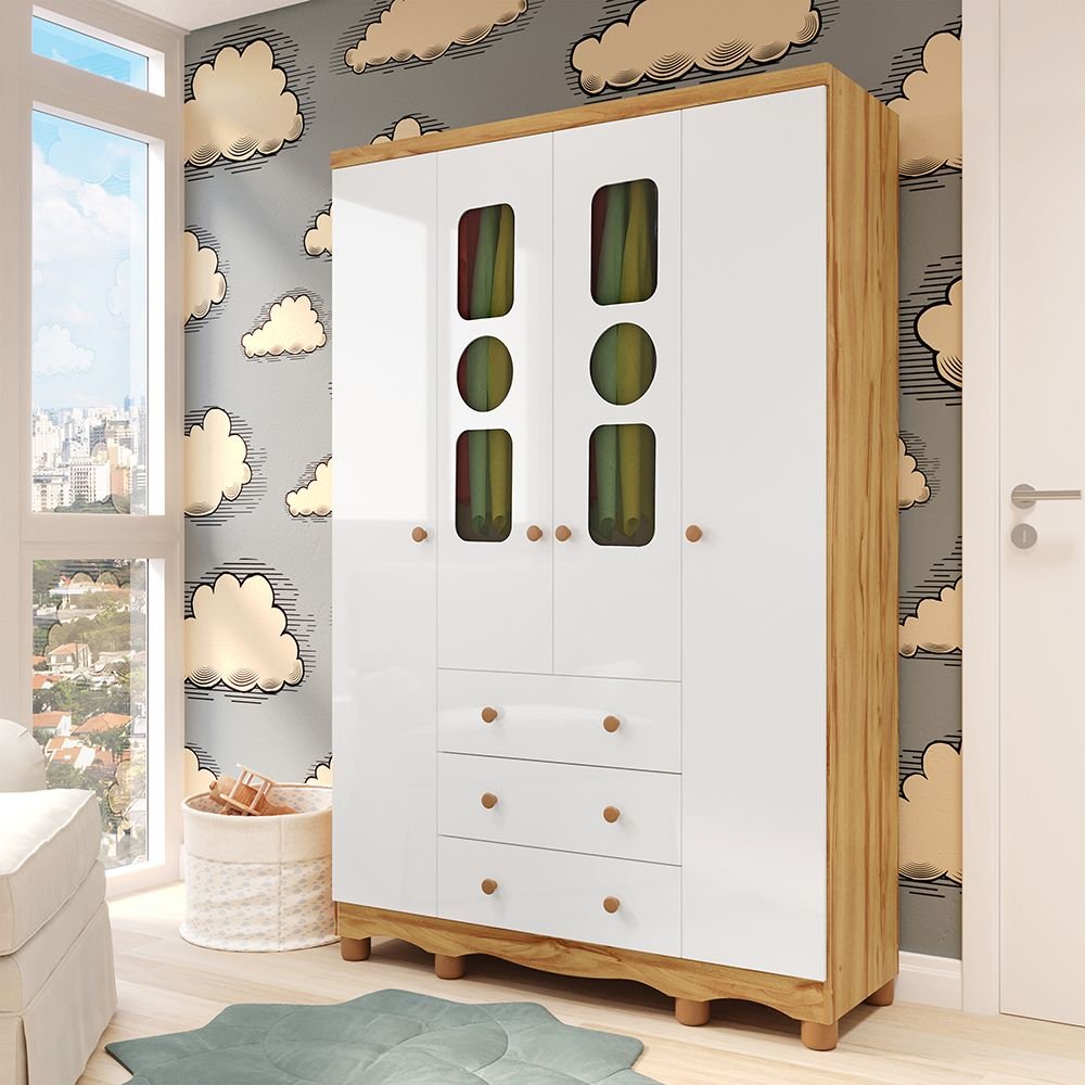 Guarda-roupa Infantil 122,1cm 4 Portas 3 Gavetas com Janelas e Pés Ezra 100% Mdf Espresso Móveis