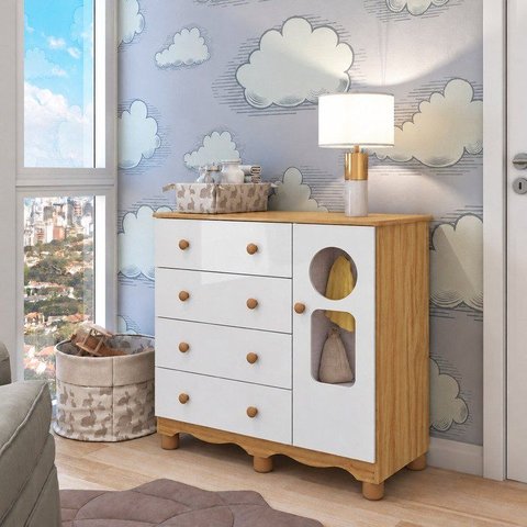 Cômoda Bebê 1 Porta com Janela e 4 Gavetas Ezra 100% MDF Espresso Móveis Amêndoa Branco