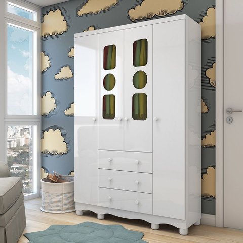Guarda-Roupa Infantil 122,1cm 4 Portas 3 Gavetas com Janelas e Pés Ezra 100% MDF Espresso Móveis Branco/Brilho