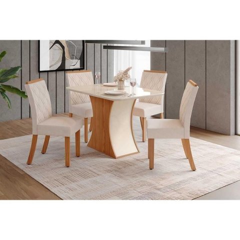 Conjunto Mesa Sala Jantar Luiza com Tampo de Vidro 120x80cm e 4 Cadeiras Vita Nature Off White Linho