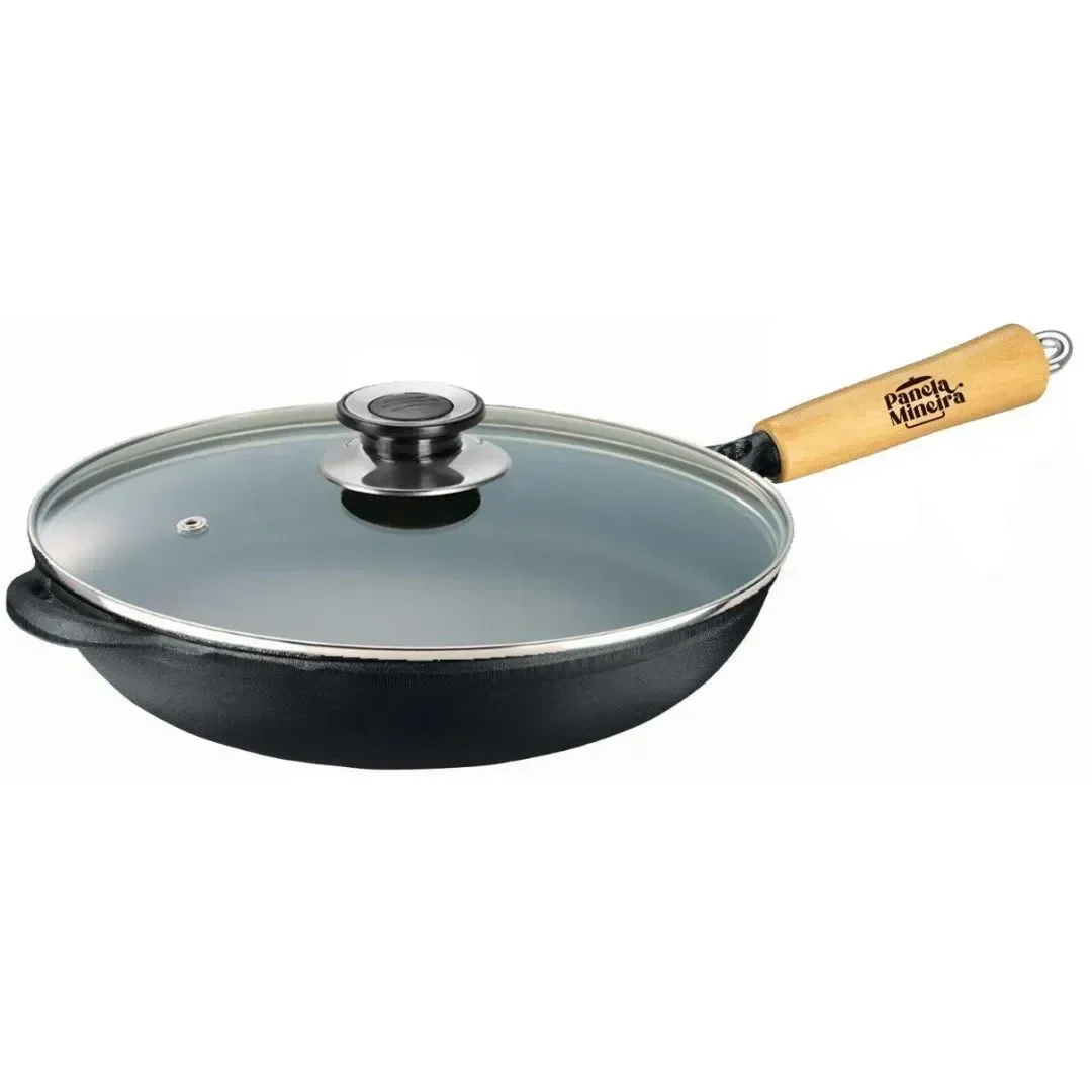 Frigideira Wok Cabo de Madeira e Tampa de Vidro 18x10,5cm 0,8l – Panela Mineira