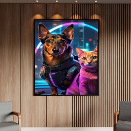 Quadro Decorativo Animais Cão e Gato Futurista com Moldura Preto - 150x100 Cm - 2