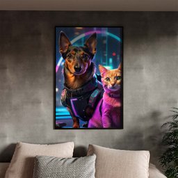 Quadro Decorativo Animais Cão e Gato Futurista com Moldura Preto - 150x100 Cm - 1