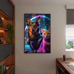 Quadro Decorativo Animais Cão e Gato Futurista com Moldura Preto - 150x100 Cm - 3