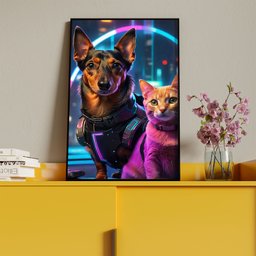Quadro Decorativo Animais Cão e Gato Futurista com Moldura Preto - 150x100 Cm - 4