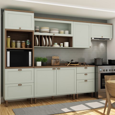 Cozinha Completa Iluminata 7 Portas 4 Gavetas Verde Mint - Genialflex