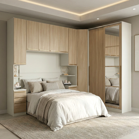 Guarda Roupa Casal Modulado 5 Peças com Espelho e Cabeceira 9 Portas 6 Gavetas Seletto Areia/Jequitibá Marrom