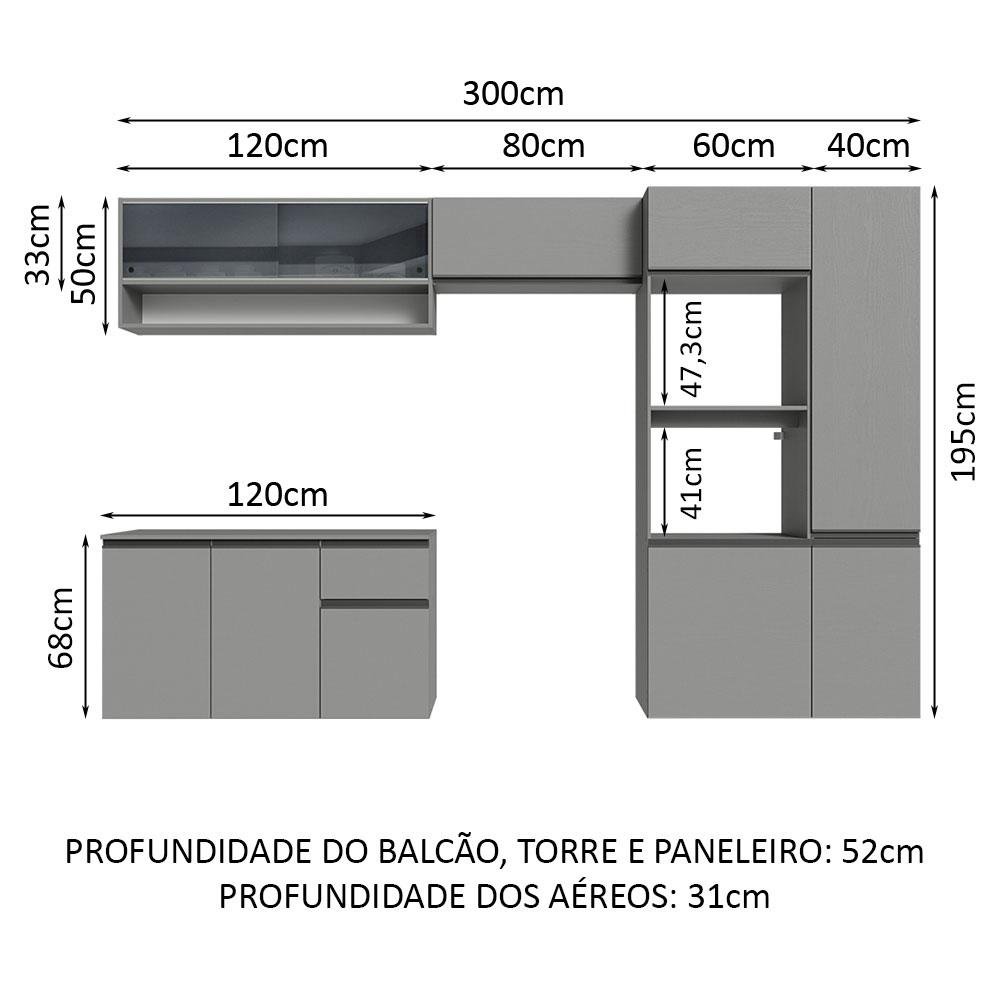 Armário de Cozinha Completa Suspenso 300cm Cinza Nice Madesa 07 - 4