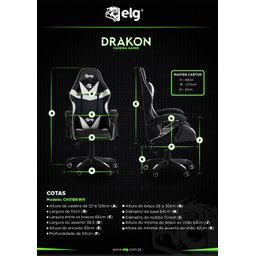 Cadeira Gamer Ergonômica Drakon Elg, Ch31bkwh, Inclinação 135º e 140kg, Espuma D40, Preto e Branco - 6
