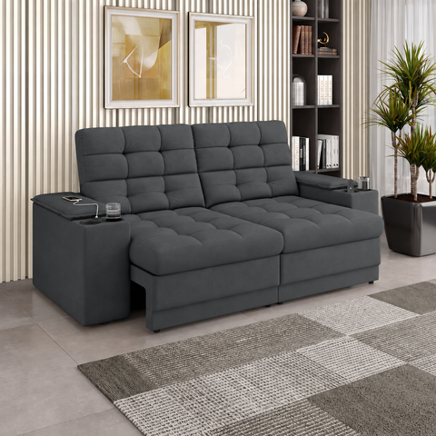 Sofá Confort Premium 2,05m Assento Retrátil e Reclinável Porta Copos e USB Suede Cinza - Xflex