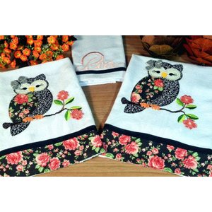 Kit de Cozinha Bordado Patchwork - Coruja com Laço Arte & Tear