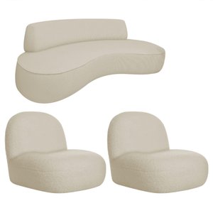 Sofá Curvo 130cm 2 Lugares e 2 Poltronas Orgânico Escritório Recepção Sala Amsterdã Orgânico Bouclé 