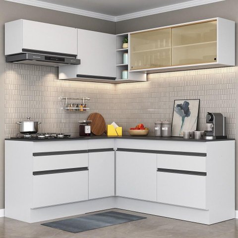 Armário de Cozinha Completa de Canto com Rodapé Veneza Multimóveis Mp2097.964 Branco/preto