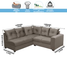 Sofá de Canto Califórnia Espuma Densidade D28, 1,66x1,83 Metros, 4 Lugares, com Molas Espirais, Capu - 5