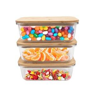 Kit 3 Potes de Vidro 800ml Tampa de Bambu Hermético Marmita Retangulares - Tud