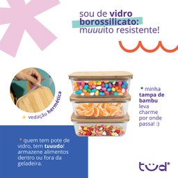 Kit 3 Potes de Vidro 800ml Tampa de Bambu Hermético Marmita Retangulares - Tud - 5