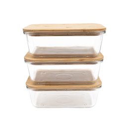 Kit 3 Potes de Vidro 800ml Tampa de Bambu Hermético Marmita Retangulares - Tud - 3