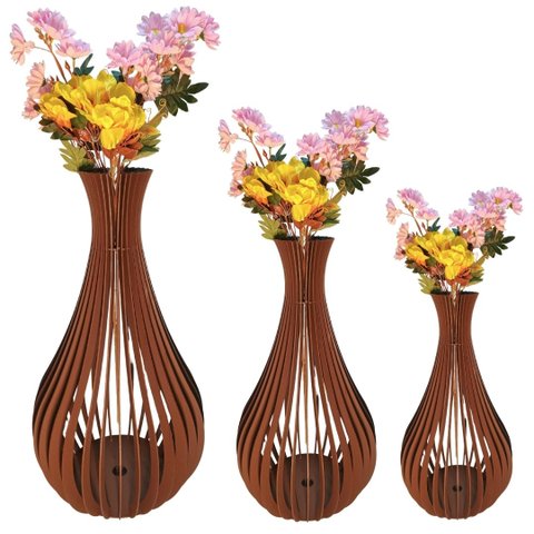 Vaso de Chão Decorativo Grande Gotas de Orvalho Mdf:marrom/kit com 3 - 90x40cm, 75x40cm e 60x30cm